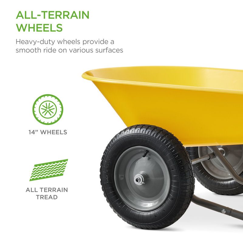 Best Choice Products Dual-Wheel Home Wheelbarrow Yard Garden Cart For Lawn, Construction, Yellow