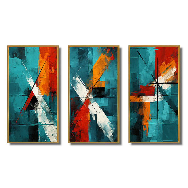 «Impossible Logic of Love Abstract» en bleu sarcelle - ensemble de 3 reproductions, Encadrement doré, H 20 po x l 36 po