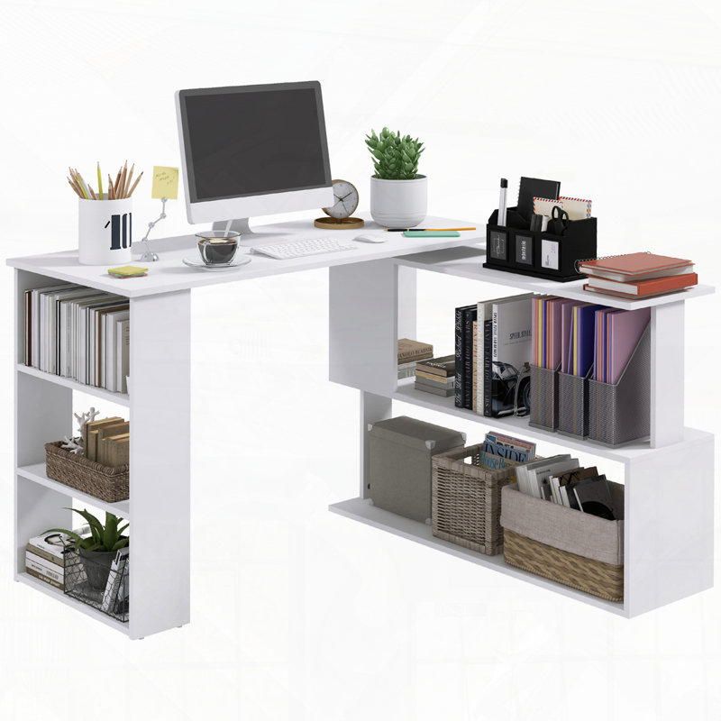 Bureau d'angle en L avec tablettes de rangement, poste de travail rotatif à 360 degrés
