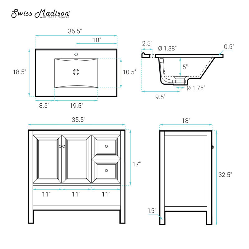 Château 36" White Oak Freestanding Vanity with Black Ceramic Sink