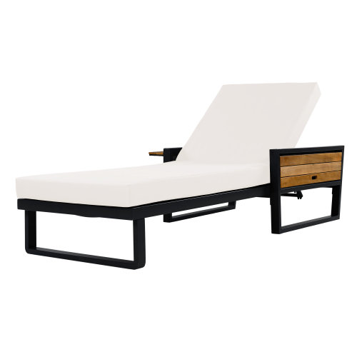 Ensemble de chaise longue en fer noir et teck, 1 structure avec 1 coussin crème pliable en 2 parties, capacité de 180 kg, dossier réglable en 4 positions, coussin imperméable de 10 cm d'épaisseur, idéal pour terrasse, piscine ou jardin.