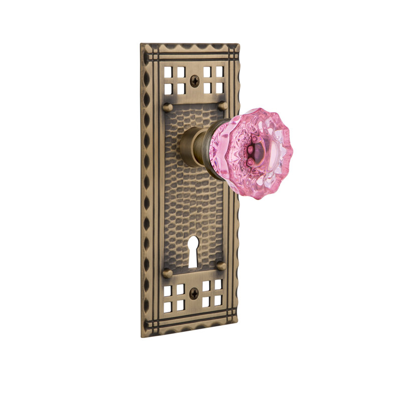 Craftsman Plate with Decorative Keyhole and Crystal Pink Door Knob, Antique Brass