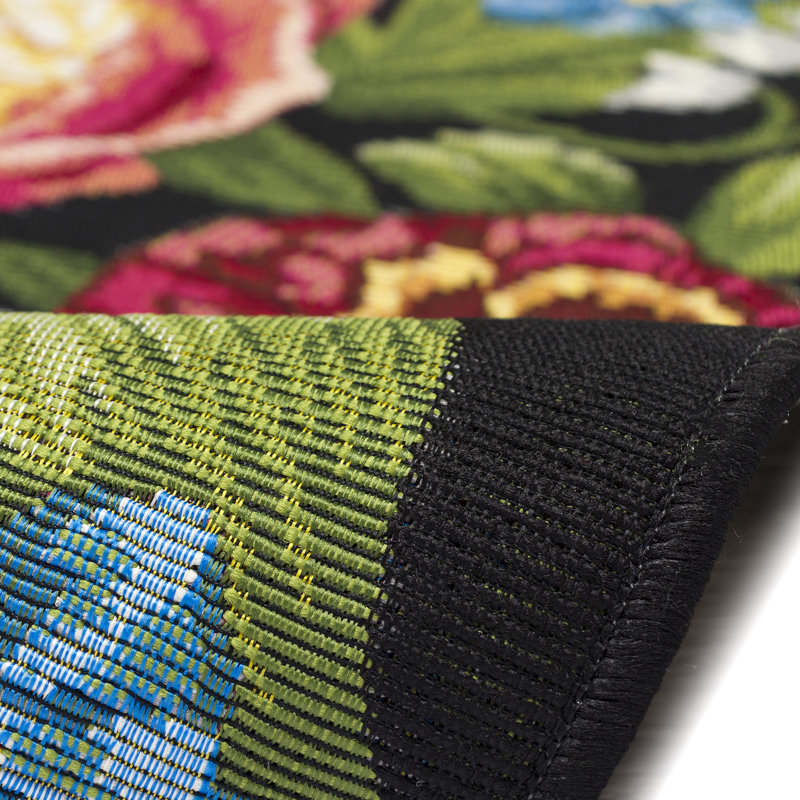 Andreane Floral Synthetic Non-Skid Kitchen Mat, Rectangle 1'7" x 2'5", Black