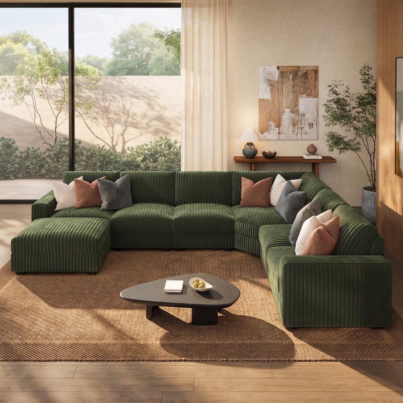 Canapé modulaire moderne en U avec repose-pieds avec rangement, Green Corduroy