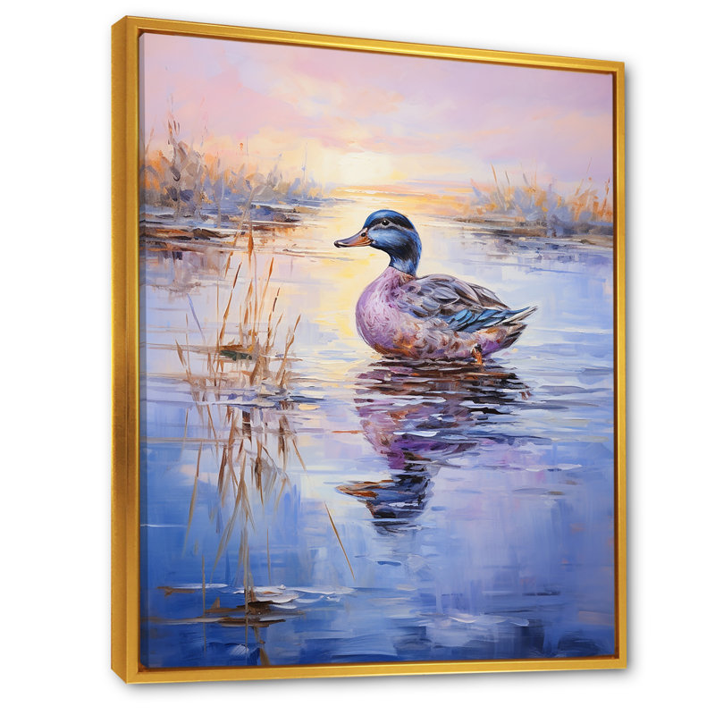 «Twilight Duck At The Lake I» - Art mural animal canard, Cadre flottant doré, 44" H x 34" W