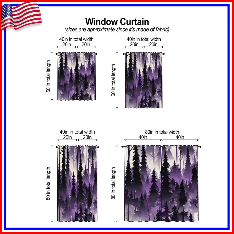Purple Forest Silhouette Window Curtains Forest Sheer & Room Darkening - 2 Panels, 40in x 80in - 2 panels, Room Darkening