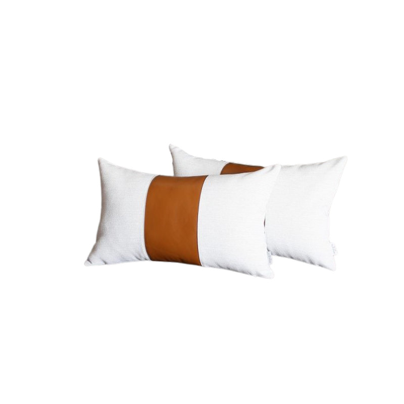 Set Of 2 Porcelain White And Center Caramel Brown Faux Leather Pillow Covers Set Of 2 Porcelain White And Center Caramel Brown Faux Leather Pillow Covers