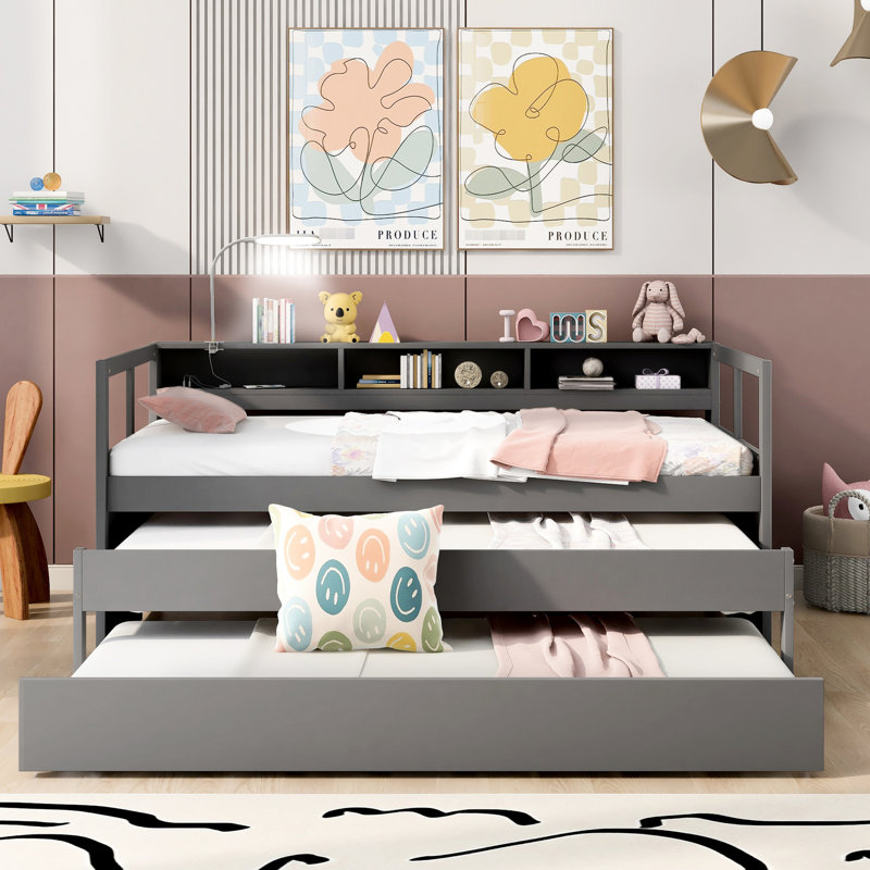 Lit de jour simple TG avec 2 lits gigognes et 3 - Gris, chargement, précieux lits gris, rangement, avantage, Gris