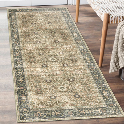 Myshawn Dua Distressed Border Brown Gray Beige Machine Washable Area Rug