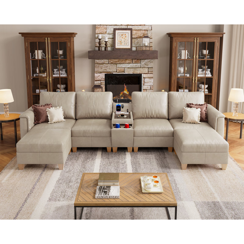 Canapé modulaire en forme de U de 132 po de largeur à 6 places avec console et rangement, Greige, Greige Faux Leather