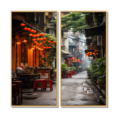 Vietnam Hanoi Old Floral Quarter - Vietnam Canvas Art, Orange Landscapes Wall Art Set Of 2