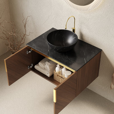 Meuble-lavabo de salle de bain 30 po ARAI, armoire de rangement flottante en contreplaqué avec 2 portes, plateau en pierre frittée noire et cuve en céramique noire avec motif de pierre, grain de bois de chêne brun (nouveau SKU)