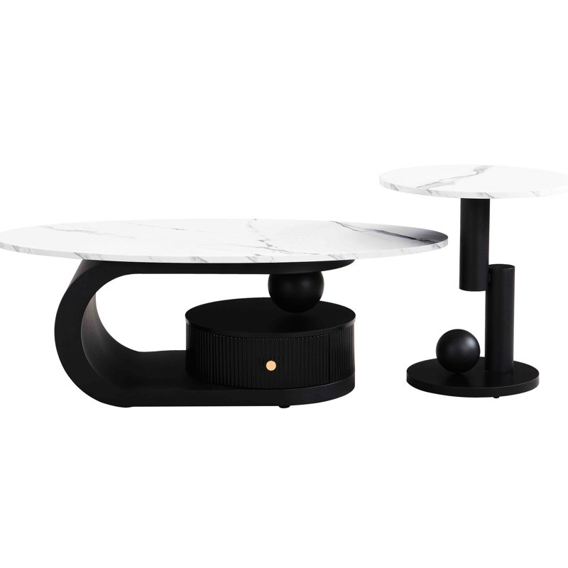 2 tables pour l'espace de vie - Tables ovales et rondes modernes avec tiroir en plastique imitation marbre Structure en métal robuste