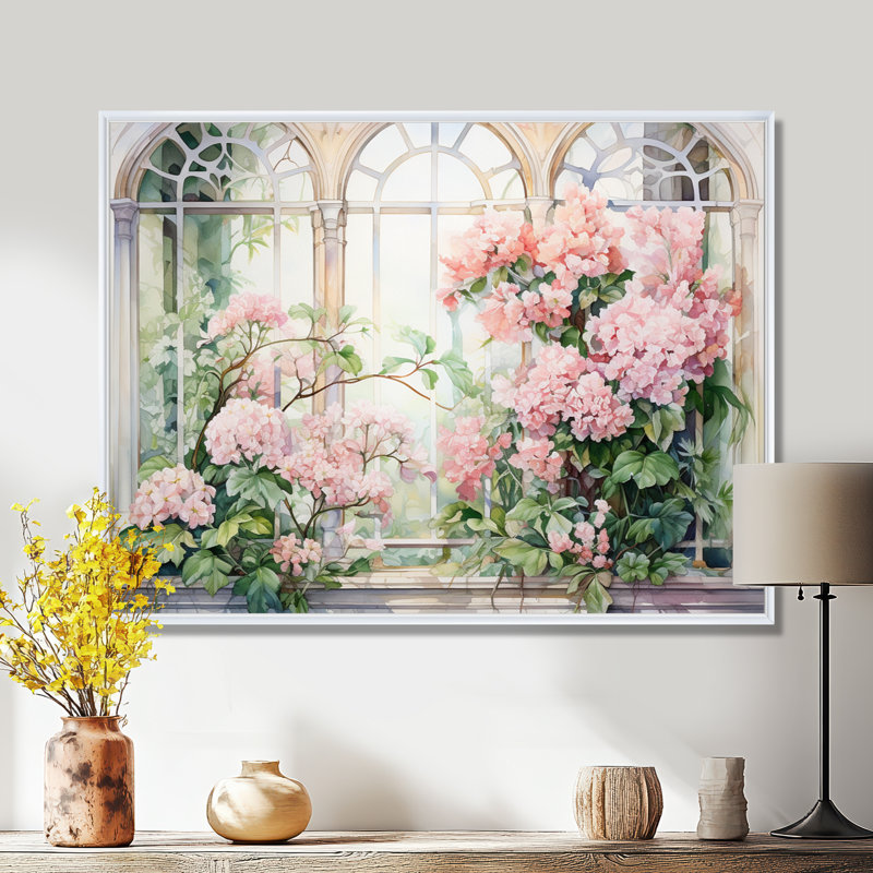 «Pink Blossoming Country Window Gaze III», art mural grande fenêtre, Cadre flottant blanc, H 12 po x l 20 po x P 1 po
