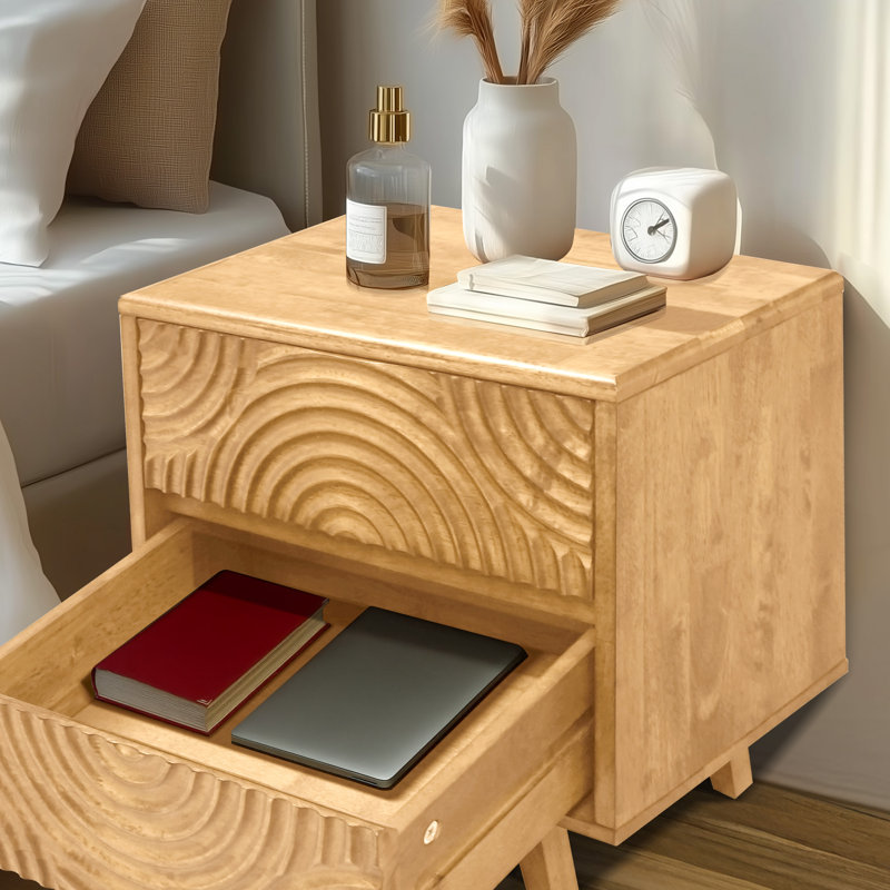 Solid Wood 2-Drawer Nightstand with Carved Front – Mid-Century Modern Bedside Table, Oak