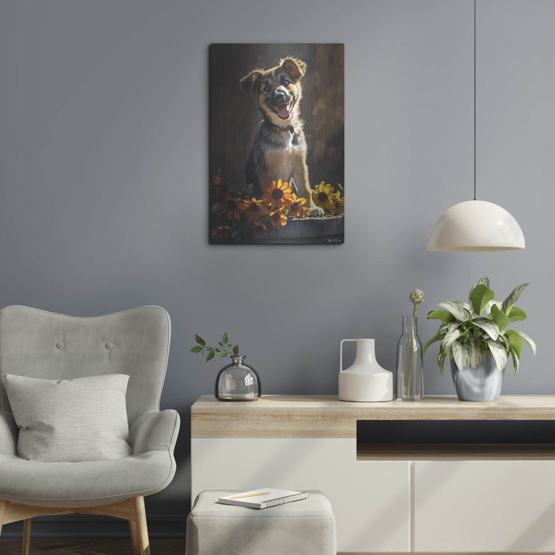 Art mural en métal Winston Porter «Cute Puppy With Orange Flowers German Shepherd» par Momart, H 24 po x l 16 po