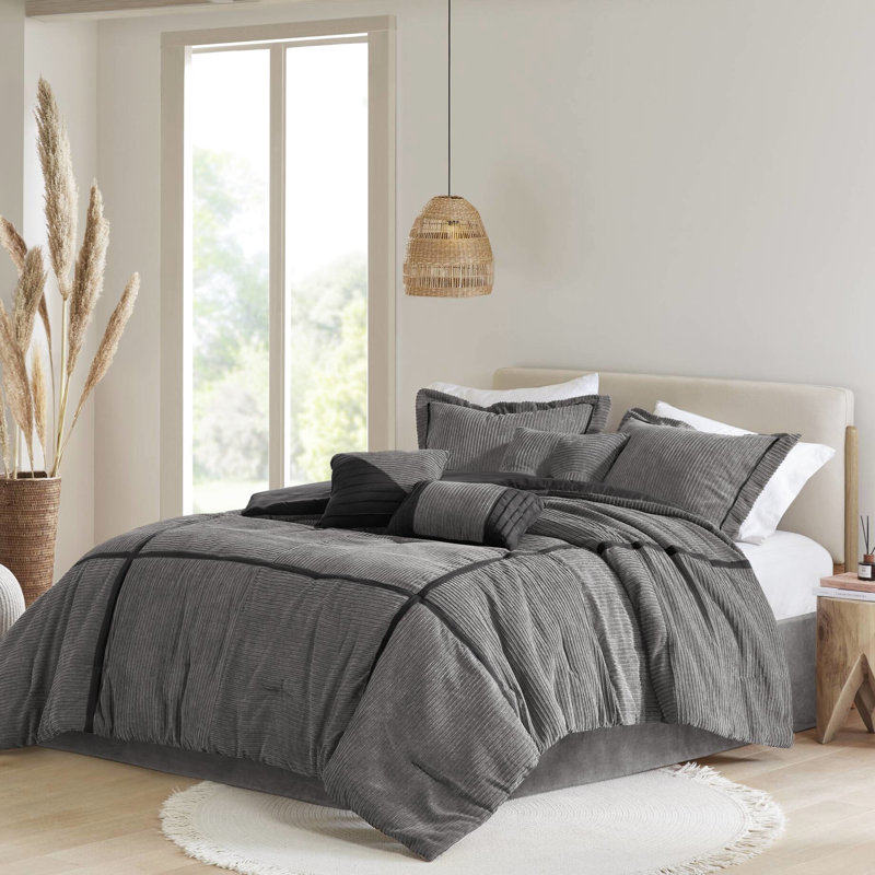 Édredon 7 pièces gris très grand pour chambre à coucher en velours côtelé confortable et élégant de 101,97 po de profondeur