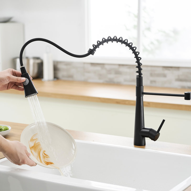 Contemporary Black Kitchen Faucet - Pull Out For Streamlined Work Stainless Steel In Multifunctional Use, Matte Black