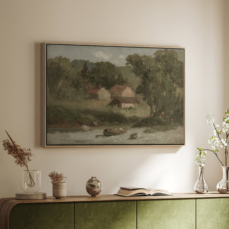 Paysage rétro - DCXVII - Toile tendue avec châssis, Toile avec cadre flottant or, H 27 po x l 41 po x P 2 po