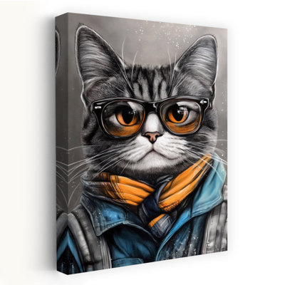 Stylish Cat With Glasses Modern Cat Portrait Urban Wall Art Print 1 Piece Wrapped Canvas Wall Art