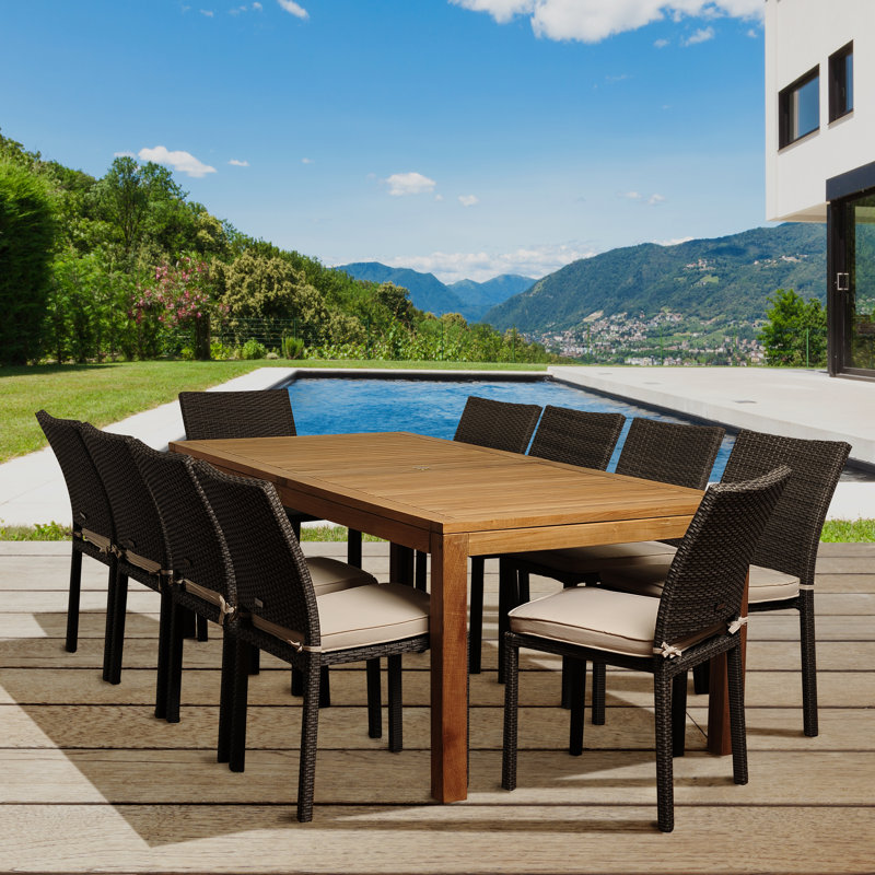 Brote 10 - Person Teak Solid Wood Patio Dining Set Umbrella Hole Included Rectangular Table with Cushions Included, Gray