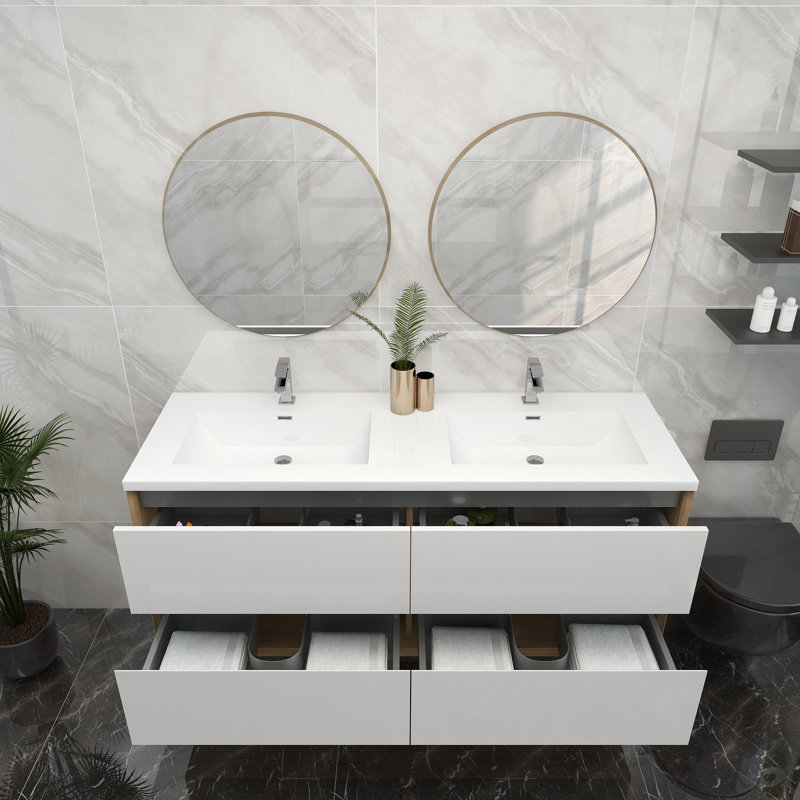 60'' Double Bathroom Vanity with Acrylic Top, Glossy White