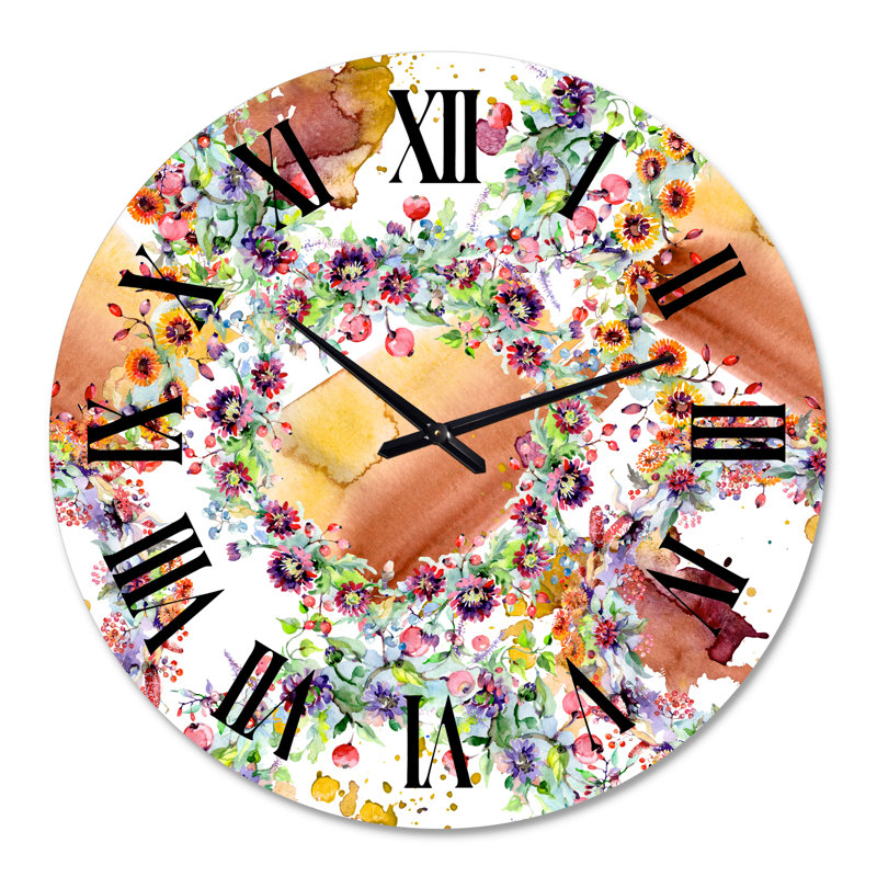 Horloge murale moderne Vibrant Wild Spring Leaves, Wildflowers & Berries, Grand