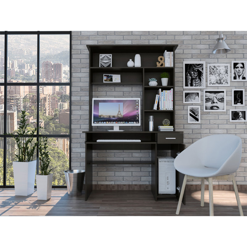 2-Drawer 7-Shelf Computer Desk With Hutch, Black