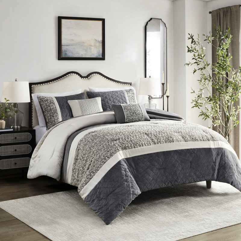 Édredon très grand / très grand pour très grand lit, rayures texturées, coussins 5 pièces avec coussins décoratifs - très grand, charmeuse, vison, revers en microfibre, rembourrage