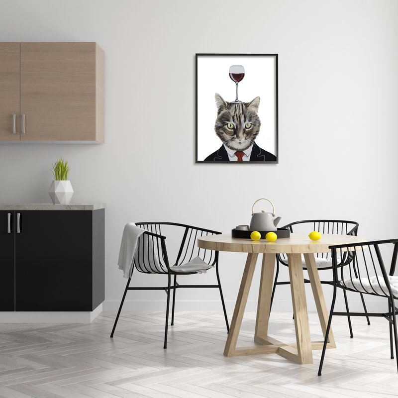 «Cat In suit Wine Glass on Wood» par Coco De Paris, peinture, H 24 po x l 30 po, Giclée encadrée noir minuit