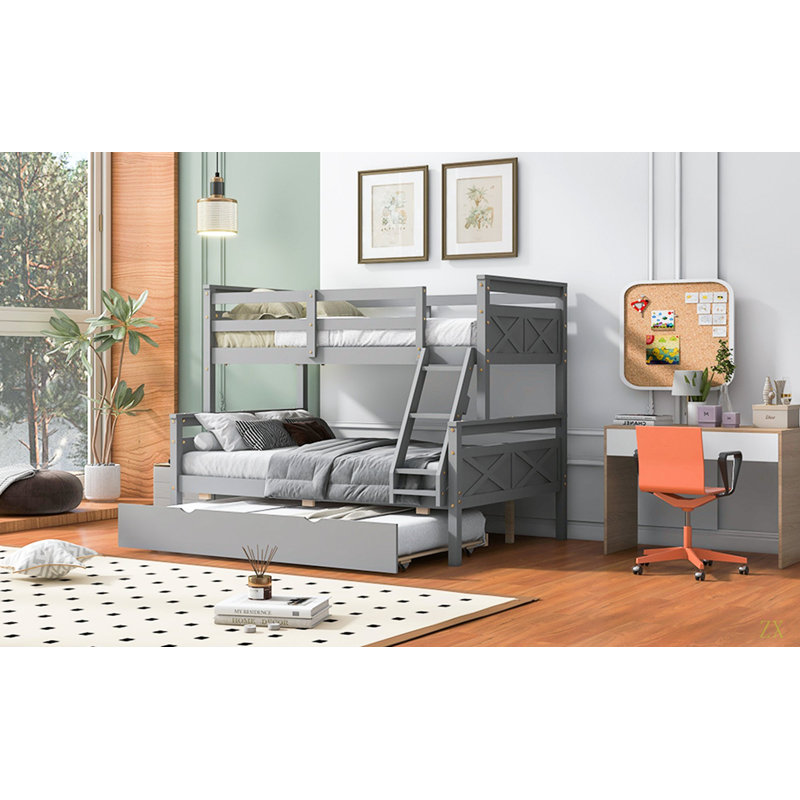 Twin Over Full Bunk Bed With Ladder, Twin Size Trundle, Safety Guardrail, Gray