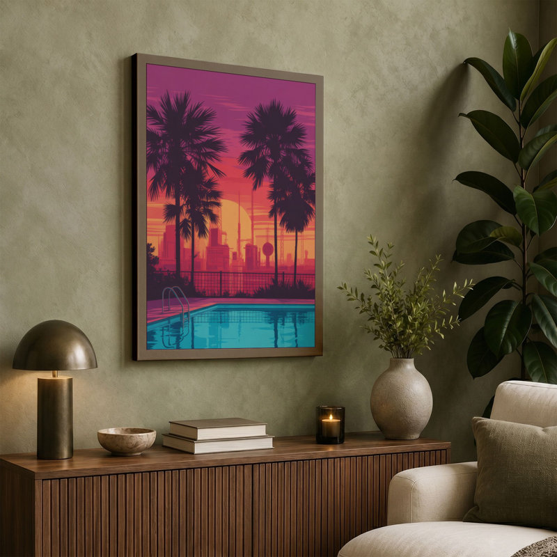 Tropical Sunset Poolside Retro - Wrapped Canvas, 24x16 - 61.0 x 40.6 cm, Ochre Border