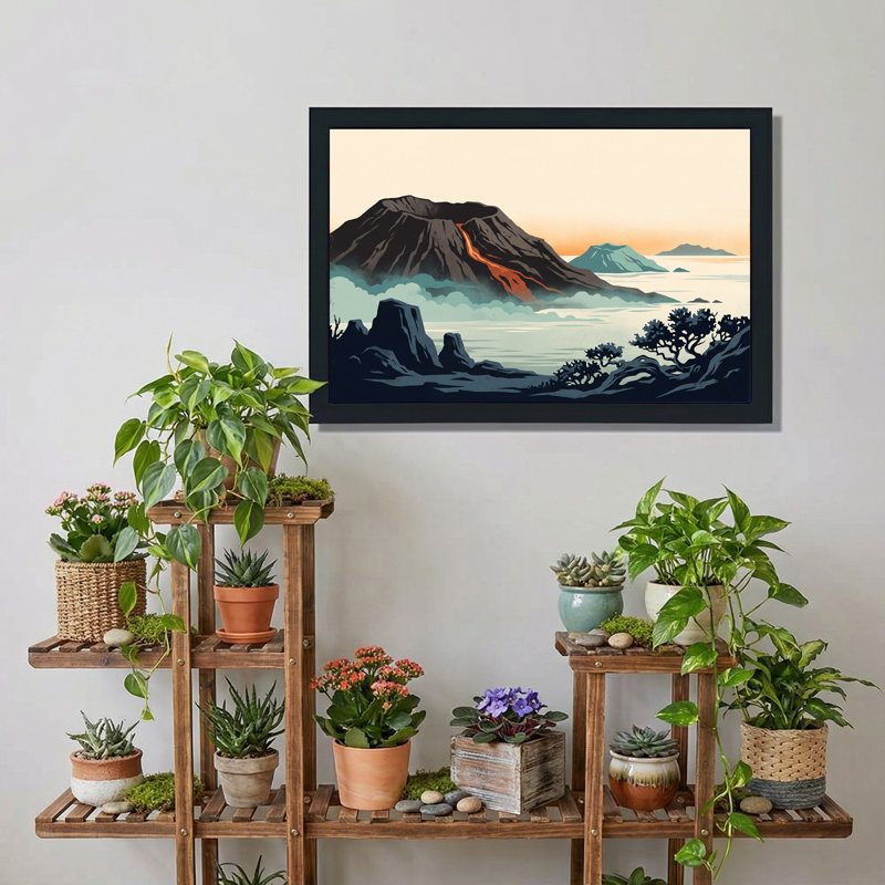Art mural rétro sur toile volcanique avec coulée de lave orange, 12"H x 18"W