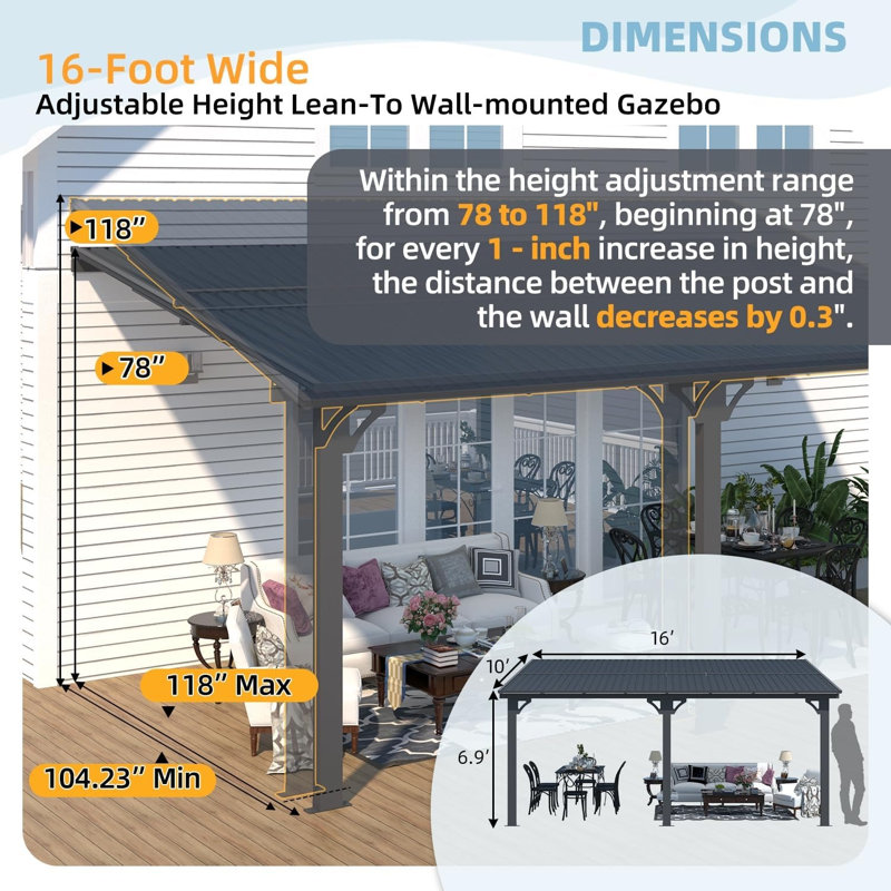 Pergola d'extérieur à hauteur ajustable pour terrasse, H 76 po x l 200,8 po x P 119 po