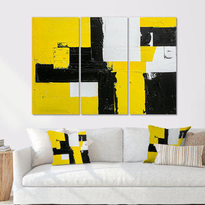 Geometric Pulse Of Yellow And Black Paint I - Abstract Geometric Wall Art Living Room Set