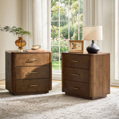 Graciana Modern 26"Wide 3-Drawer Curved Fluted End Table with Charging Station and Simple Assembly