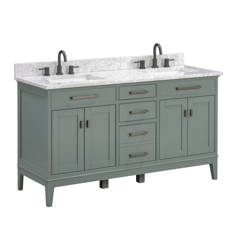 Anglet 60" Double Bathroom Vanity with Top, Carrera White, Smoke Green