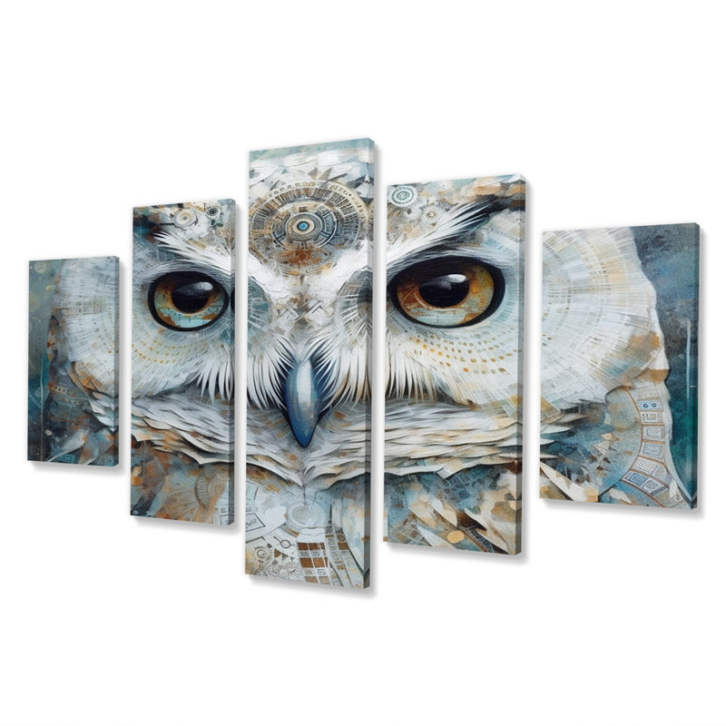Portrait de hibou blanc tribal magique - décoration murale animaux hibou - 5 panneaux