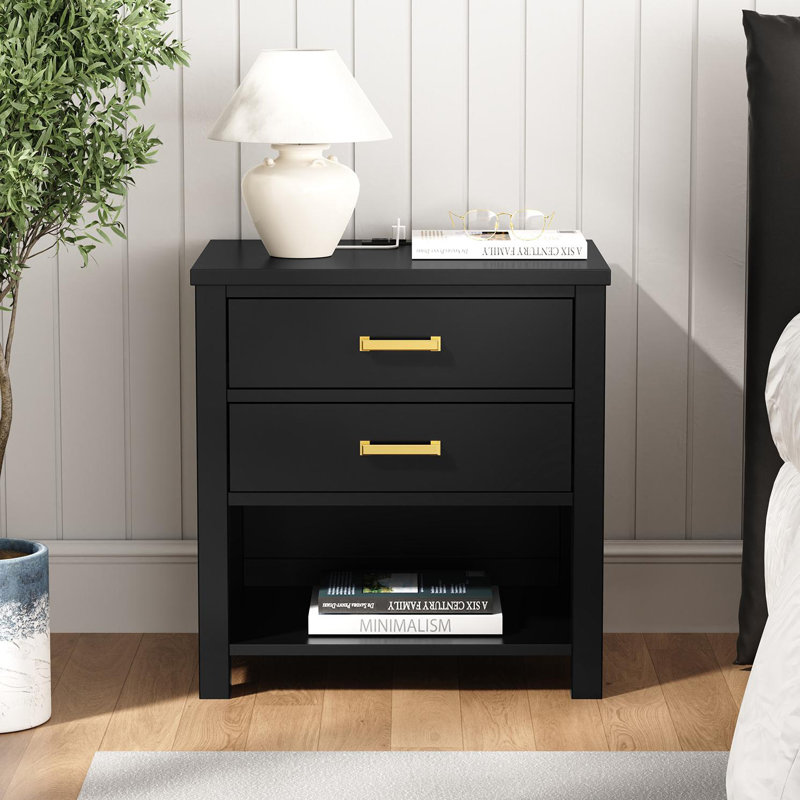 2 Drawers Solid Wood Construction Nightstand With Storage, Open Shelf, 2 Power Outlets, 1 Usb Port, And 1 Type C Port, Black