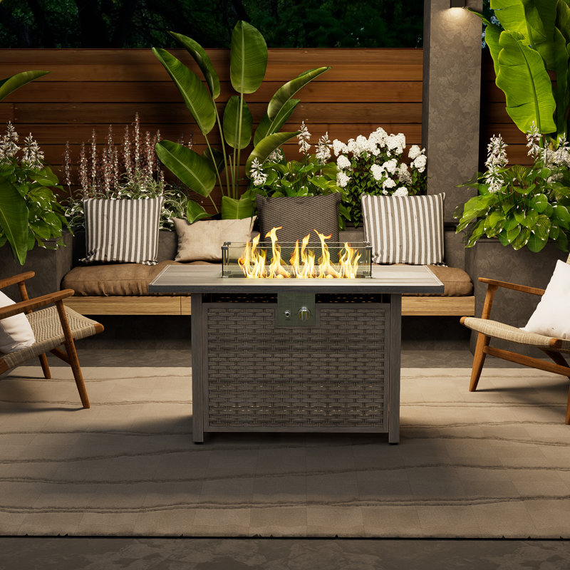 Rectangle Propane Smokeless Fire Pit Table with Hidden Fuel Tank, Light Brown