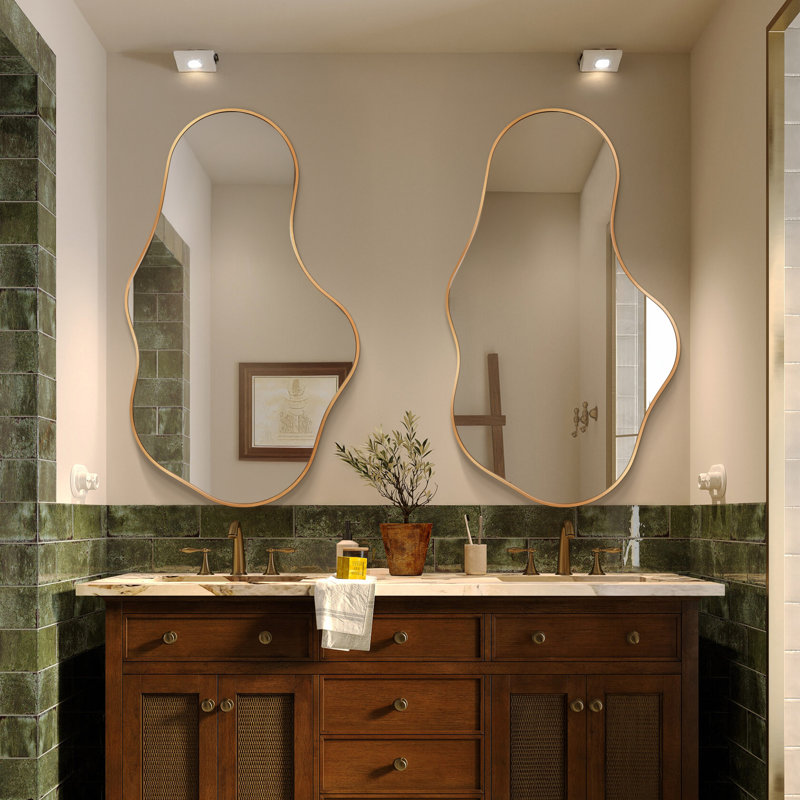 Ensemble de 2 miroirs muraux asymétriques, cadre décoratif en métal moderne, conception irrégulière unique pour le salon, la chambre à coucher et la salle de bain