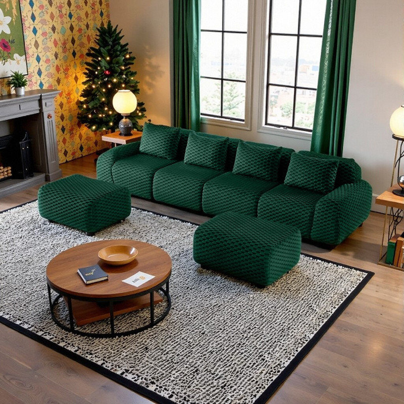 Canapé modulaire en U en flanelle à 4 places avec repose-pieds mobile, Vert