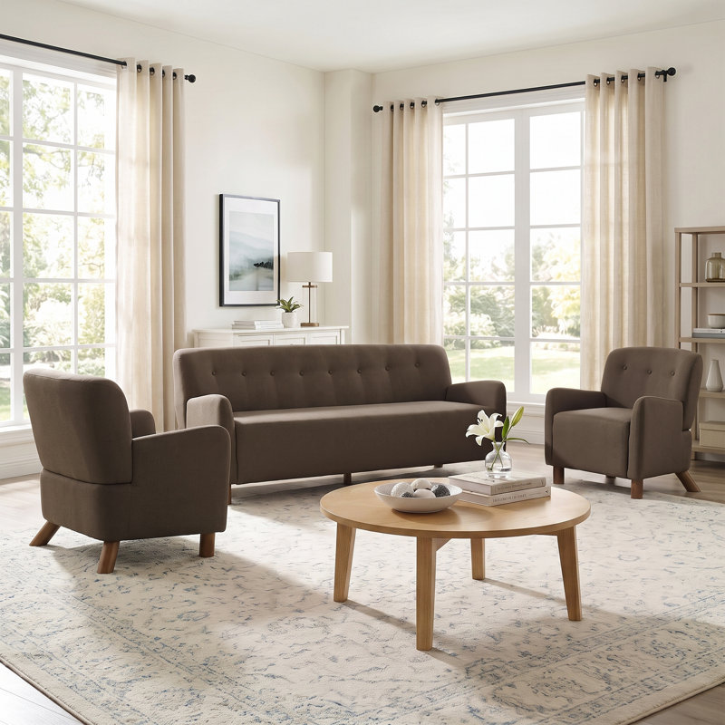 Ensemble de canapé et fauteuils capitonnés 3 pièces Hearthline pour petit espace, Brun