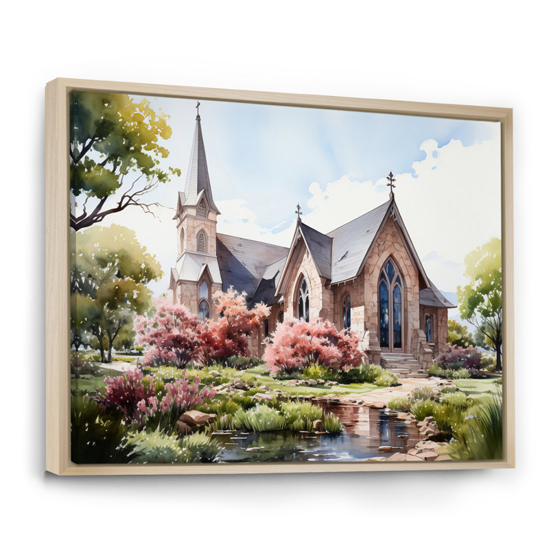 Aquarelle rustique de la chapelle blanche, H 12 po x l 20 po, Cadre naturel flottant