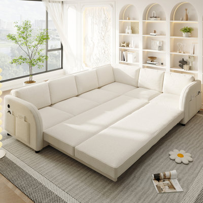 115.2" L-Shaped Sofa Couch with Pull-Out Bed,Oversize Convertible Sleeper Sofa with side Pocket & USB Port,Sherpa Fleece Upholstered with Convert Left/Right Facing, Beige/White(Old Sku:W1885S00316)