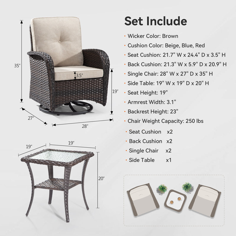 Hilmir Wicker 2 - Person Patio Conversation Set with Cushions, Brown, Beige