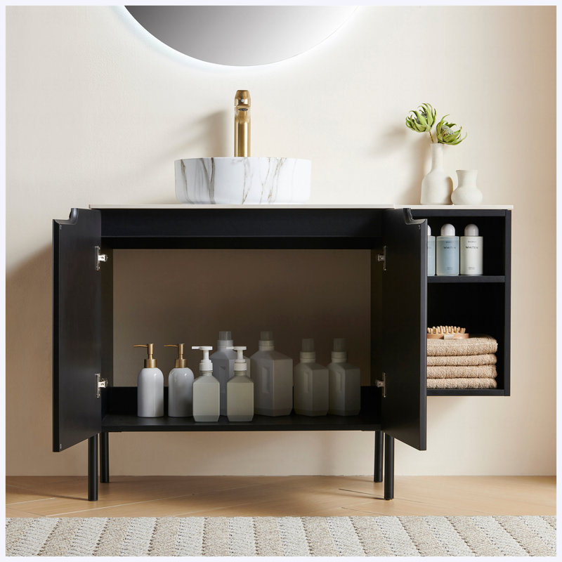 Armoire de rangement de meuble-lavabo simple sur pied 42 po autoportante et murale 42 po, finition noire avec 2 portes, tablette ouverte 12 po, lavabo rond blanc en céramique et comptoir blanc Carrara, sans robinet inclus