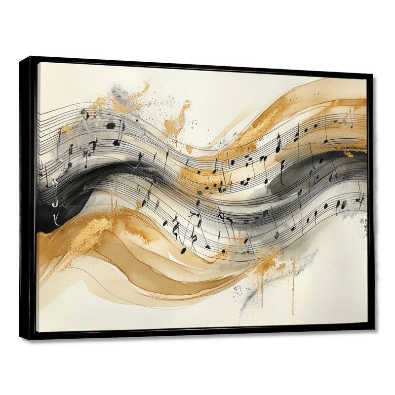 «Beige Notes on a Flowing Staff I», musique encadrée, art mural sur toile, H 16 po x l 32 po, Cadre flottant noir