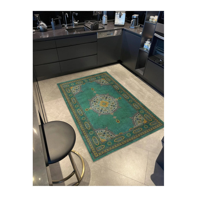 Green Framed Traditional Woven Base Washable Carpet, Runner 2'6" x 6'7"