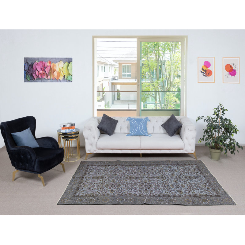Tapis bleu 4,8 x 8 pi à motif de fleurs moderne noué à la main en Turquie
